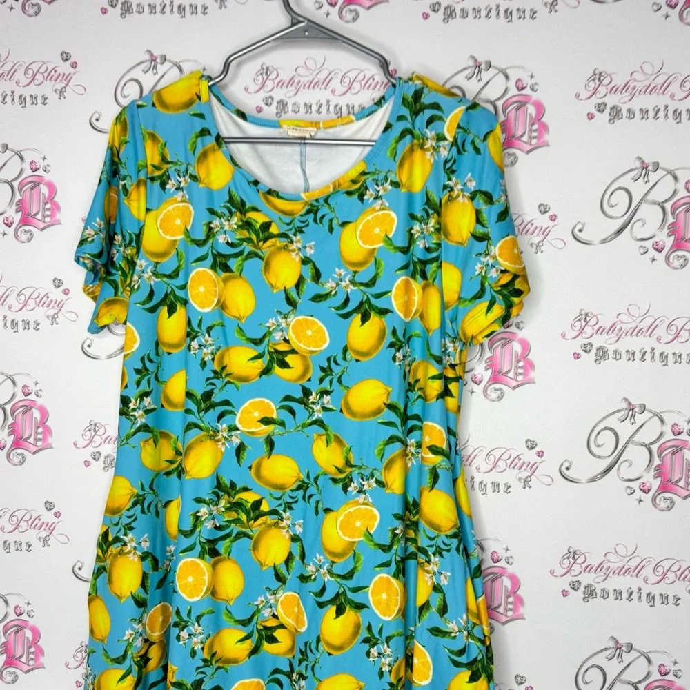 Yelete dress Lemon Print Blue yellow pockets on sides Tshirt style - Picture 11 of 11